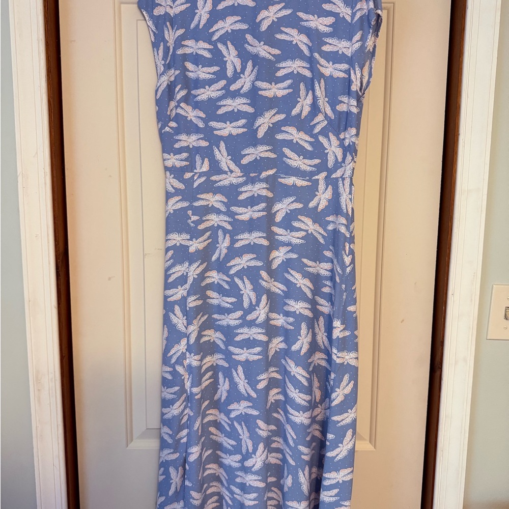 Loft Blue & White Butterfly/Dagonfly  Print Dress Side Slit Size 6 - Picture 5 of 10